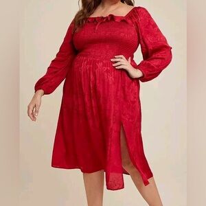 Maurices 2X Red Floral Jacquard Midi Dress Long Sleeve Smocked Christmas Dress